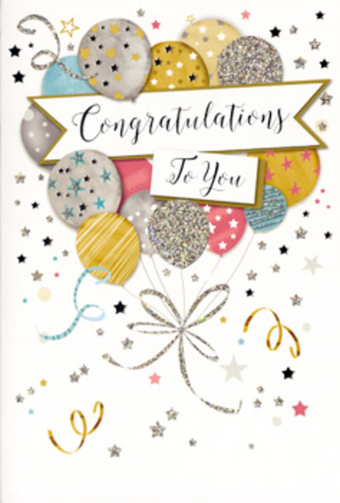 In this image, a beautifully designed congratulations card is shown in close view, allowing the intricate details of its artwork to shine. The card is tall and slim, oriented vertically, with the entire front devoted to a joyous display of balloons and celebratory motifs. The balloons are clustered loosely together, overlapping in a way that creates depth and a sense of gentle upward motion, as if they might float off toward the sky above Harold Hill's tree-lined streets. Their colours are soft and refined: luminous gold, silvery grey, champagne ivory, powder blue, blush pink, and muted stone grey, each balloon subtly shaded for dimension. Delicate embellishments-tiny shimmering stars, neat stripes, and dustings of glitter-like speckles-decorate the balloons, catching the light and suggesting a tactile, slightly raised surface where metallic foil and glitter might have been used. From the base of this balloon bouquet, slender strings and swirling ribbons cascade downward in elegant curves, sketched in gold and silver tones that add rhythm and movement. Draped across the centre of the design is a gently unfurling banner, lightly resting on the balloons and inscribed with Congratulations To You in graceful calligraphy, the letters looping and flowing like the handwriting on a carefully chosen card from a Harold Hill florist. The background is a pale, creamy neutral sprinkled with scattered stars, dots, and curlicue lines that resemble confetti drifting through the air at a celebration near Central Park or around Tees Drive. The overall feeling is polished, joyful, and quietly luxurious-a card that would sit perfectly beside fresh flowers delivered locally to mark a promotion, graduation, or any proud achievement in Harold Hill.