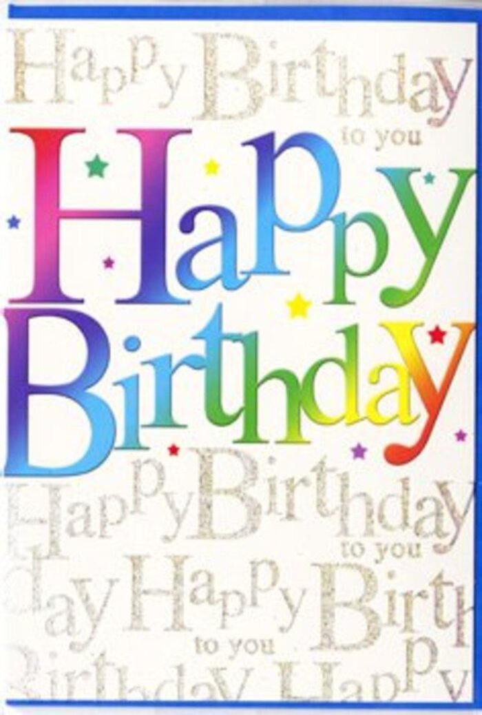 In this photograph, a joyful birthday card stands as the focal point, its design echoing the upbeat, community feel of celebrations in Harold Hill. Across the centre, the phrase Happy Birthday is displayed in large, rounded type, each letter filled with a softly blended spectrum of colours. Starting at one side, deep cherry red eases into bright orange, then fades into golden yellow before drifting into fresh grass green, ocean blue, and finally a rich violet, so the whole line of text resembles a ribbon of rainbow light. The lettering is bold yet friendly, with a slight gloss that suggests a smooth, almost satin-like texture. Surrounding and behind these colourful words, the background is entirely covered in fine, repeating lines of golden script. The words Happy Birthday to you are written over and over in a flowing cursive, the kind of handwriting you might imagine from a beautifully penned invitation. This script glimmers as though gently dusted with gold glitter, catching the light in a subtle, elegant way, like sun reflecting off windows along Gooshays Drive. Tiny, scattered specks of paler metallic shimmer-some leaning toward silver-add another layer of sparkle that hints at party confetti or twinkling fairy lights. The card's surface looks sleek and refined, with a quality finish that feels substantial rather than flimsy. Overall, the card projects a mood of open-hearted celebration: colourful but not chaotic, polished yet full of personality. It's exactly the sort of birthday card a local florist in Harold Hill might tuck into a bouquet, turning a simple delivery into a joyful, memorable moment for someone special.