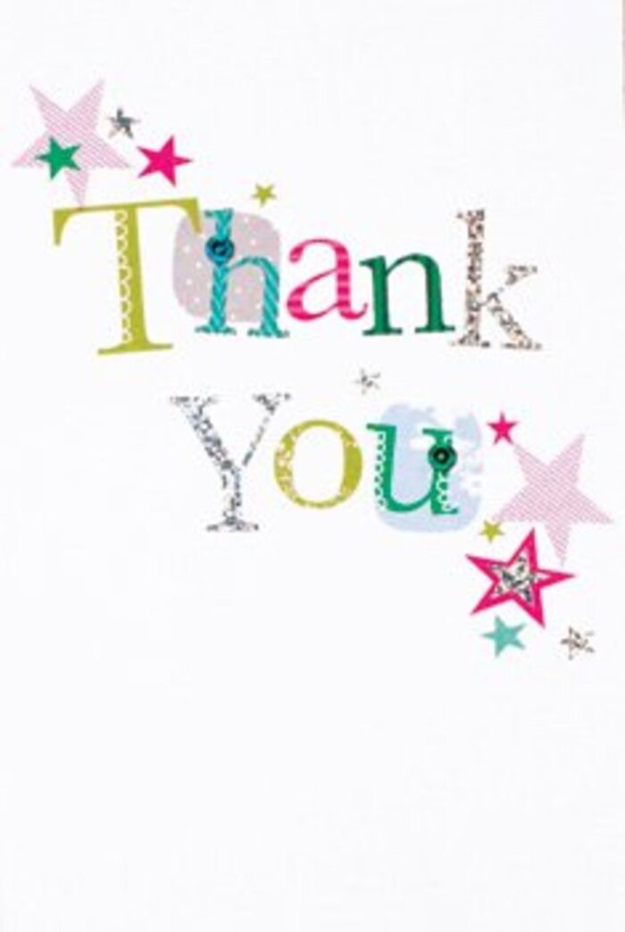 This thank you card holds a quietly exuberant charm, set against a flawlessly white field that mirrors the openness of Harold Hill's welcoming green spaces. The phrase 'Thank You' stretches elegantly across the card, each hand-crafted letter brimming with personality-some laced with glittering silver, others playfully dotted or stitched in lively hues of aqua, magenta, and leaf-green. Cushions of vibrant stars-some striped in candy pink or bathed in deep turquoise-gather near the greeting, casting a sense of celebration and luck over the heartfelt words. The airy composition feels contemporary yet approachable, striking the perfect balance between sophistication and playful warmth. It's easy to picture this card nestled beside a fresh bouquet from Flowers Harold Hill, ready to express thanks for a thoughtful act-perhaps after a neighbour's help on Harold Hill High Street or the kind gesture of a teacher at a local school. The overall impression is uplifting, reflecting the sincerity and positivity at the heart of every gratitude shared in our close-knit community.