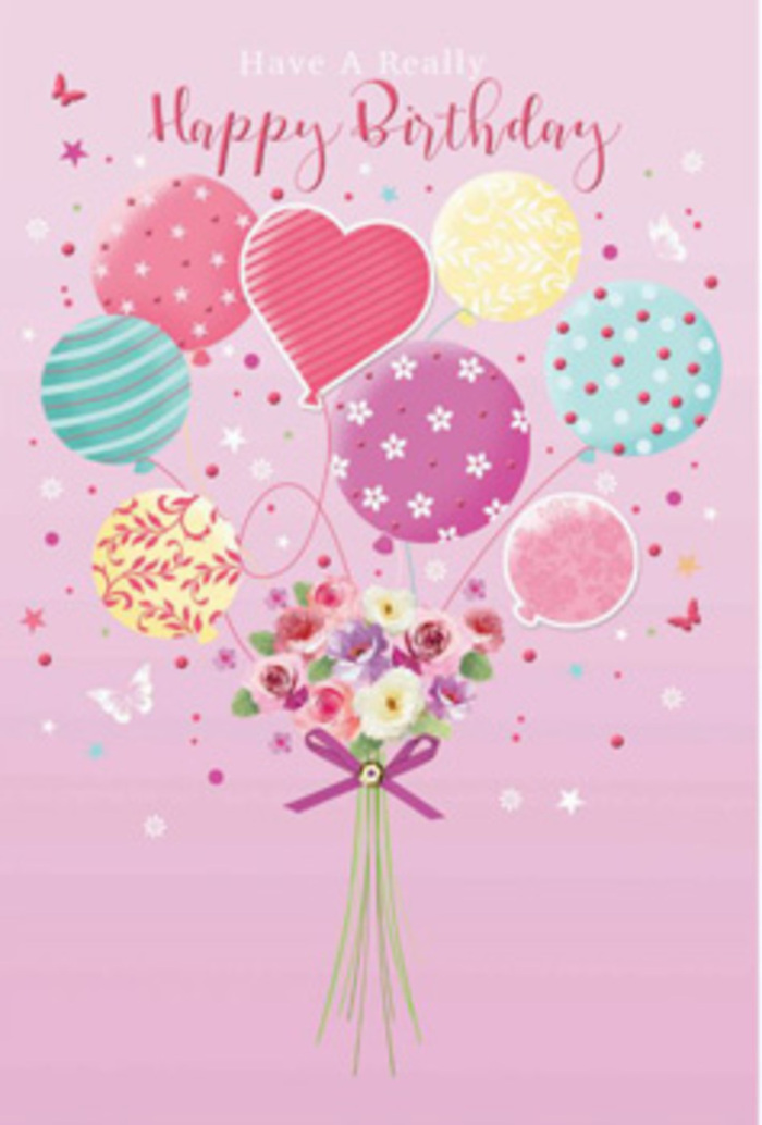 This tender birthday card illustration captures the feeling of a lighthearted celebration in Harold Hill, where a burst of colour and flowers brightens even the most ordinary day. A blush-pink background forms a calm, warm stage, allowing the central elements-a floating bouquet and a cluster of balloons-to shine. Rising in a relaxed arc, the balloons are painted in soft pastel shades of pink, aquamarine, pale yellow, and lilac. Each one has its own personality: some are ringed with curling stripes that feel like unfurling party streamers, others are dotted with cheerful spots that seem to dance, and a few are adorned with delicate floral swirls that recall the wild blooms in Dagnam Park. Nestled among them, a heart-shaped balloon quietly anchors the design with a message of love and appreciation. Beneath this airy display, a compact bouquet appears to be gently lifted by the balloon strings, as if the flowers were weightless. Petite roses and daisy-like blossoms unfurl in creamy ivory, blush-pink, and soft mauve, their petals layered and shaded to hint at velvety texture and freshly cut stems. A gleaming purple satin bow secures the bouquet, its tails flowing softly as though caught in a slight breeze coming through an open Harold Hill window. Sprinkled around the bouquet and balloons are tiny butterflies and starry dots, adding a whimsical, fairy-tale feel as if birthday wishes are visibly dancing in the air. The light across the scene is soft and diffuse, lending the balloons a gentle sheen and the petals a subtle glow. Everything about the composition conveys warmth, care, and celebration, like a lovingly chosen card waiting beside a vase of fresh flowers on a Harold Hill kitchen table.