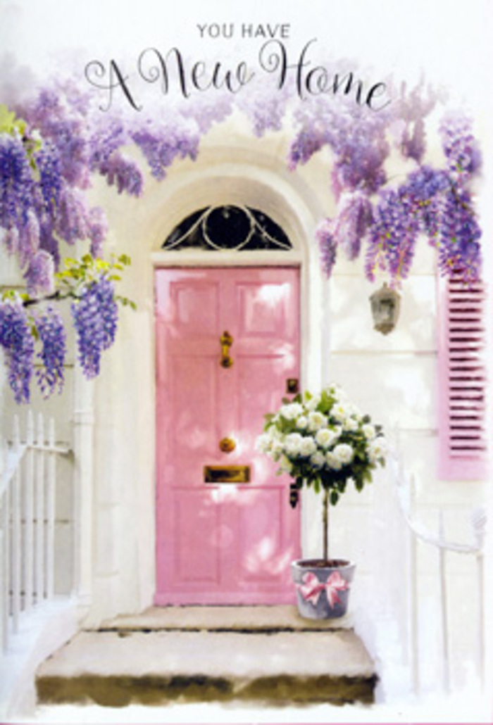 In this serene doorway scene, the feeling of a fresh chapter is captured with the tenderness of a hand-written card, as if set just off a green in Harold Hill. The focal point is a pastel pink front door, its hue reminiscent of strawberry milk and early evening skies. The door sits within clean, whitewashed walls, whose slightly irregular texture hints at careful craftsmanship and years of repainting. Sunlight seems to filter from one side, casting soft, slanting shadows that gently accentuate the panel details and the edges of the frame. Flowing from above the door and along its sides, wisteria drapes in lavish curtains of lavender, lilac, and creamy white highlights. Each raceme of blossoms hangs loosely, giving the impression of movement even in a still photograph, like gentle swaying in a Harold Hill breeze. To the side, a painted shutter in a muted pastel shade provides visual rhythm and suggests open windows and fresh air. At the foot of the doorway, centred on a lightly worn stone step, sits a florist's bucket in muted dove-grey metal. It overflows with a generous arrangement of white and cream roses, their petals plump, layered, and almost luminous against the cooler tones of the bucket. The roses are interspersed with small accents of soft green foliage, giving the composition depth and an organic, freshly-picked-from-the-garden feel. Wrapped around the base is a pink ribbon, tied into a simple but elegant bow, its fabric catching glints of light. The entire scene feels like a housewarming moment-a bouquet delivered to a new home near Harold Court Woods by a thoughtful Harold Hill florist, there to greet the homeowners on their very first day. It tells a story of optimism, welcome, and the quiet comfort of knowing that, with flowers at the door, even an unfamiliar place can begin to feel like your own.