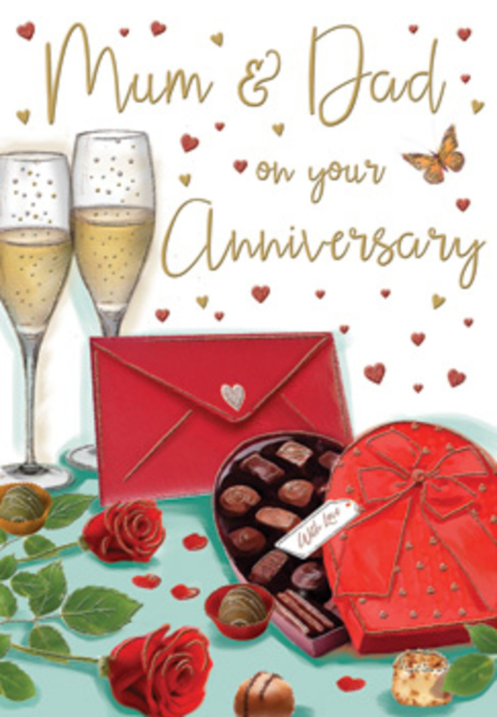 Romantic, story-like anniversary card illustration that feels as if it could be set on a dining table just off Straight Road in Harold Hill, created in deep reds, soft creams, and metallic gold tones. Two exquisite red roses dominate the foreground, lying horizontally across the tabletop with their stems hidden and their blooms turned slightly towards the viewer. Each rose is tightly packed with velvety petals, layered to create a sense of fullness and life, their shades shifting from dark wine-red in the shadows to a glowing ruby at the outer edges. Surrounding foliage in rich, glossy green offers contrast and balance, much like the finishing greenery a skilled florist would tuck around a bouquet. Beside the flowers, a heart-shaped box of chocolates sits open, the lid angled to reveal a line of neatly arranged confections, each truffle presented in its own little wrapper. The box is wrapped with a lavish red satin bow, its loops rounded and full, the fabric catching the light in subtle highlights that give it a touch of luxury. Standing just behind, two slender champagne flutes, slightly flared at the top, hold pale golden bubbly; trails of tiny bubbles move slowly upwards, suggesting a moment paused just before a toast. Gold and crimson hearts drift across the soft background, framing the hand-lettered Mum & Dad message in a warm, script-like style. At the front, a deep red envelope rests as if recently placed there, ready for a parent to open after a family meal or quiet evening in. The entire scene is suffused with a gentle, cosy glow, capturing the tenderness, indulgence, and gratitude that often accompany long-lasting love and shared anniversaries.