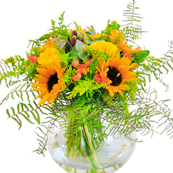 This striking floral arrangement mirrors the colourful vibrance of Harold Hill's lush open spaces. Golden sunflowers take centre stage, their bold petals and earthy, textured centers reminiscent of midsummer blooms swaying along the edges of Harold Wood Park. Nestled among them, yellow garden roses reveal tightly layered petals-an embodiment of sophistication and joy that recalls quiet neighbourhood gardens on a bright morning. Clusters of vivid red hypericum berries sparkle through the greenery, echoing the lively spirit of Hornchurch Road's markets. Fern fronds, delicate and unfurling, flow gracefully outwards, pairing beautifully with sprigs of light green filler and fine, yellow blossoms of goldenrod, adding texture and motion. Eucalyptus leaves in silvery green hues peek through for a gentle whiff of fragrant woodland air, evoking the calm found in Harold Hill's surrounding green belts. The entire bouquet is artfully contained in a flawless round glass vase, allowing every stem to be admired and the water's clarity to invigorate the display. Under soft daylight, the bouquet's harmonious layers of colour and scent create a mood of celebration, perfectly suited for uplifting the home, marking special occasions, or surprising a loved one with the essence of Harold Hill's natural beauty.