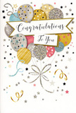 The photograph displays an elegant congratulations card whose front cover feels like a miniature party scene, captured in soft colours and metallic accents. A generous cluster of balloons fills the centre, rising in overlapping layers that draw the eye upward, much like a bouquet of helium balloons lifting above a Harold Hill garden. The balloons come in a gentle palette of warm gold, cool silver, champagne beige, serene sky blue, delicate blush pink, and muted grey, each with subtle shading that adds depth. Fine decorative details-gleaming stripes, tiny five-pointed stars, and scattered speckles that mimic glitter-adorn the balloons, giving them a sense of sparkle and texture, as though they would feel slightly embossed under your fingertips. From the lower part of the cluster, thin strings and curly ribbons stream downward, rendered in flowing lines of gold and silver that twist into loops and spirals, suggesting movement and celebration. Nestled among the balloons, roughly across the middle of the card, a soft, ribbon-like banner stretches out, its edges slightly curled and its surface carrying the message Congratulations To You in elegant, swirling script. The background is a very light, almost white neutral, animated by tiny metallic stars, dots, and playful curls of line that create a confetti-like effect reminiscent of festivities around Harold Hill's community halls or homes off Whitchurch Road. The whole design feels joyful yet refined, the kind of card a local florist might tuck into a hand-delivered bouquet for exam success, a new job, or any special milestone-capturing admiration, happiness, and the warm pride of a celebration shared.