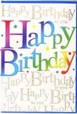 The birthday card pictured here glows with colour and light, the kind of design that feels right at home alongside a bright bunch of flowers heading to a doorstep near Harold Court Woods in Harold Hill. At the centre, the words Happy Birthday stride confidently across the card in large, smooth-edged letters, each one draped in a different shade of the rainbow. The colours flow from lush berry reds to tangerine and golden yellow, then into lively greens, lagoon blues, and deep purples, meeting and mingling at the edges so that no letter stands alone. The effect is playful and vibrant, like balloons clustered above a party table. Set behind this bold greeting is a refined backdrop of continuous golden handwriting, where Happy Birthday to you is written again and again in slim, looping script. This script forms a shimmering pattern that looks almost like musical notation, glittering softly as it catches the light. The gold has a warm lustre, and here and there, faint notes of silvery sparkle appear, adding a contemporary, celebratory touch. The card stock itself appears smooth and slightly glossy, with a polished finish that suggests quality and care. Visually, the design strikes a thoughtful balance: the main message is exuberant and youthful, while the background script adds grace and elegance. Together, they create an overall feeling of joy, affection, and occasion-perfect for slipping into a bouquet wrap or gift bag arranged by a Harold Hill florist, turning a birthday greeting into something that feels truly special, personal, and worth keeping.