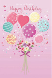 This enchanting birthday image feels like a little party in the sky above Harold Hill, captured on a soft blush-pink backdrop. A cluster of pastel balloons drifts upward, their rounded shapes and one sweet heart balloon forming a loose bouquet of colour at the top of the design. The balloons are tinted in gentle pink, sea-green, lemon, and lavender hues, each decorated with its own joyful pattern: some wrap around with candy-cane stripes, others sparkle with bouncy polka dots, and a few are brushed with delicate floral scrolls that echo the gardens and green corners near Central Park. Below, a dainty hand-tied bouquet seems to be lifted along with them, almost weightless. It is filled with petite roses and anemone- or daisy-like blooms, each petal shaded in creamy ivory, blush, and muted mauve, giving the impression of velvety, freshly opened flowers chosen with care by a local florist. A violet satin bow gathers the stems into a neat cluster, its sheen catching the same gentle light that kisses the balloons above. Tiny butterflies and star-like specks flutter around the design, as if birthday wishes have taken on visible form and are drifting through the air. The overall lighting is soft and even, creating a calm, happy atmosphere-like the quiet moment just before friends start singing the birthday song around a Harold Hill table. The composition feels airy, tender, and celebratory, a visual translation of love, warmth, and cheerful good wishes carried on balloons and blossoms together.