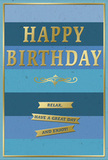 This beautifully balanced birthday card features a soothing sequence of blue stripes paired with refined gold accents, evoking the calm of a quiet Harold Hill evening after the celebrations have gently wound down. The background is made up of broad horizontal bands, each one a different shade of blue, transitioning gradually from lighter tones at the top to deeper, more saturated hues at the bottom. The effect is both orderly and tranquil, like layers of sky settling into twilight. Set against this serene backdrop, the words HAPPY BIRTHDAY appear in bold, embossed capital letters of gleaming gold. The metallic finish catches the light with each subtle movement, giving the greeting a sense of importance and joy without overwhelming the restful blues. Underneath the main text, a graceful golden flourish arcs across the card, a delicate, scroll-like ornament that adds sophistication and a touch of classic charm. Below this flourish, three slim golden banners are arranged one above the other, each carrying part of the warm message: Relax, have a great day and enjoy! The banners resemble small, shining ribbons, inviting the recipient to pause and savour their special day, whether that means a quiet walk near Harold Hill's green spaces or simply putting their feet up at home. A fine gold line frames the entire design, acting like a subtle picture frame and tying all the elements together. The card's surface appears smooth and slightly velvety, suggesting quality and care, and you can easily imagine it standing next to a vase of freshly delivered flowers, adding a gentle, elegant note to a birthday celebration in Harold Hill.