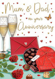 Inviting anniversary card artwork showing a richly detailed celebration scene, easily imagined on a Harold Hill coffee table after an evening meal. In the centre, two blooming red roses lie side by side, full of texture and depth, their velvety petals unfolding in tight, elegant spirals. The colour moves from a profound, almost burgundy red in the centre to a brighter scarlet toward the petal edges where the light softly catches them. Around the blooms, glossy green leaves spread out in a relaxed, natural pattern, echoing the look of a freshly delivered bouquet. To one side, a heart-shaped box of chocolates rests open, revealing a tempting selection of truffles nestled neatly in their compartments, each chocolate given its own small space and subtle shine. A broad red satin ribbon wraps around the box, topped with a generous bow whose rounded loops and gently curling ends add a sense of indulgence. Behind this arrangement, two tall, slim champagne flutes stand close together, filled with golden sparkling wine; fine bubbles rise gracefully to the surface, frozen mid-climb as though just before glasses touch in a toast between Mum & Dad. Above and around, tiny hearts in shades of gold and crimson float across a pale, softly textured background, surrounding a hand-written style greeting dedicated to parents. At the front, a scarlet envelope lies at a slight diagonal, hinting at the presence of a heartfelt, handwritten message, perhaps exchanged after a stroll near Harold Hill's local parks. The whole illustration glows with cosy warmth and romantic charm, blending the imagined fragrance of roses with chocolate sweetness and sparkling fizz to honour an enduring, much-loved partnership.